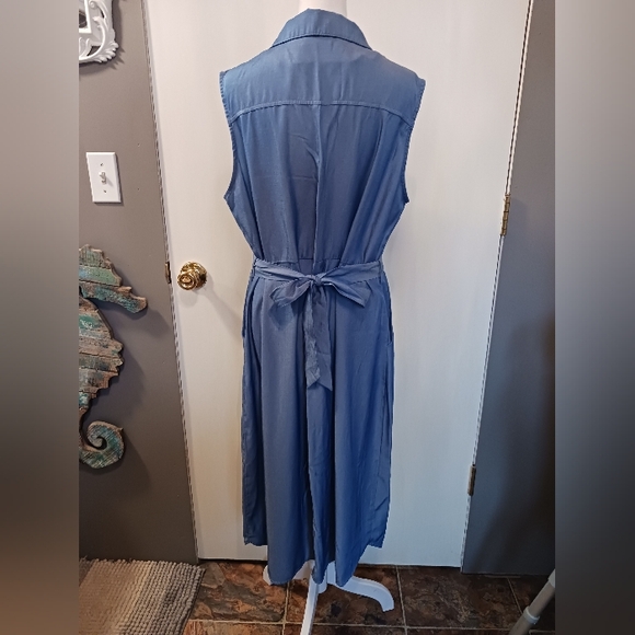 Grace Karin Classic Button Down Collared Sleeveless Maxi Dress XL Pockets Blue - Picture 5 of 8